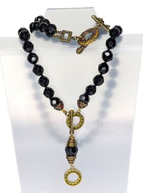 Heidi Daus Necklace Bracelet Toggle Set Crystal & Black Beads Art Deco Statement